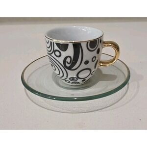 NEW 6 Alpine Demitasse Modern Porcelien Glass Gold Trim ESPRESSO  Turkish Coffee